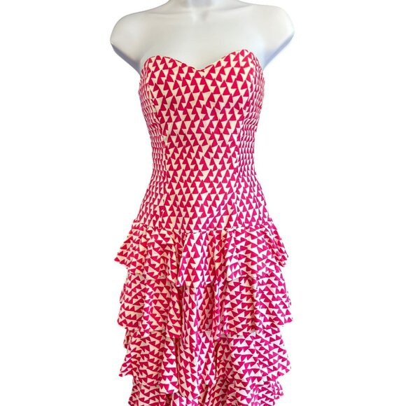 1980 Vintage AJ Bari Pink White Geometric Ruffle Tiered Knee Length Dress Size 4 - Picture 2 of 5
